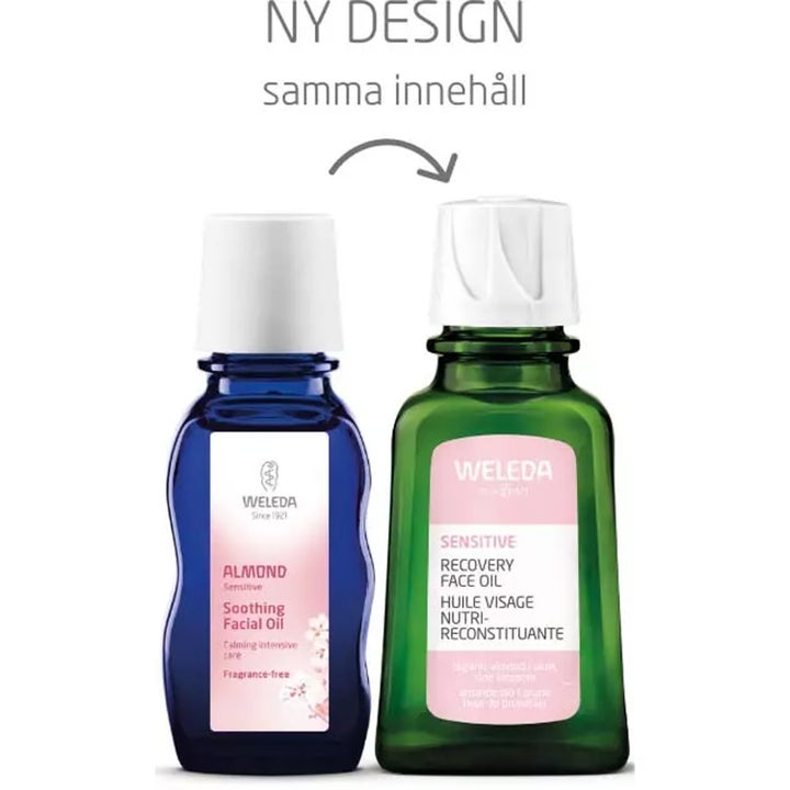 Weleda Sensitive Recovery Face Oil 50 ml beroligende ansiktsolje i ny grønn glassflaske ved siden av gammelt design