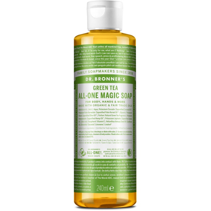 Dr. Bronner's Green Tea All-One Magic Soap 240ml flerbrukssåpe i gjennomsiktig flaske med grønn etikett og hvitt lokk.