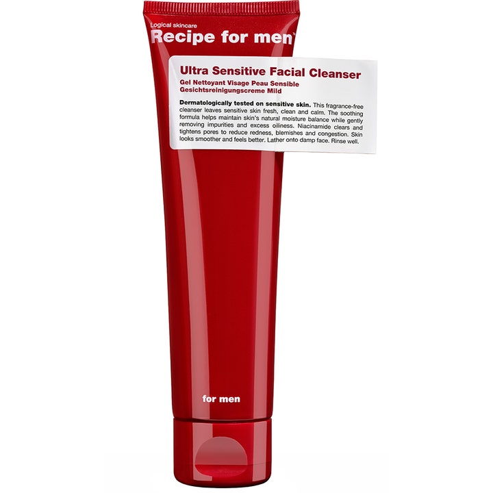 Recipe for men Ultra Sensitive Facial Cleanser 100 ml beroligende ansiktsrens i rød plasttube med hvit etikett
