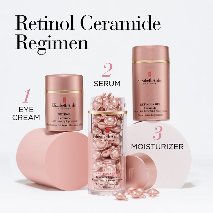 Elizabeth Arden Retinol Ceramide Capsules 60 stk serum i krukke med øyekrem og fuktighetskrem for hudpleierutine.