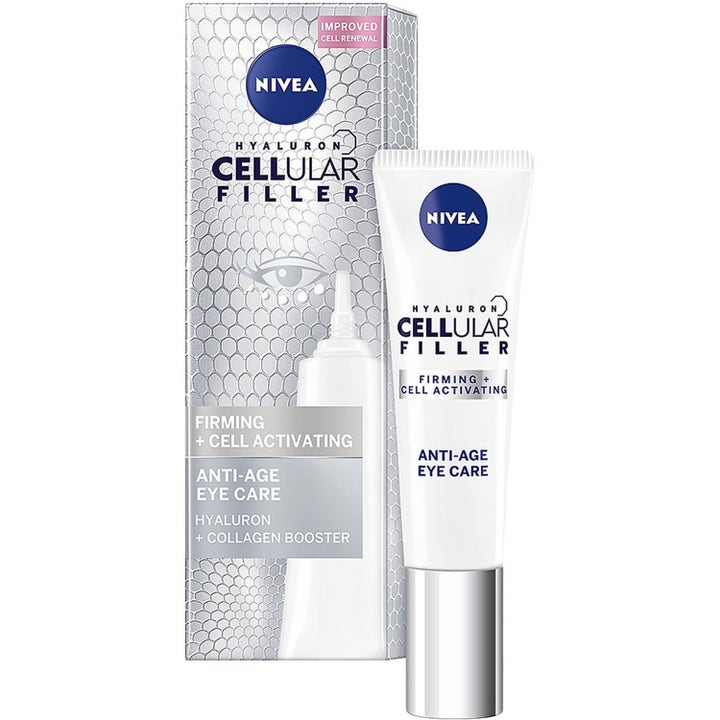 Nivea Hyaluron Cellular Filler Anti-Age Eye Care oppstrammende øyekrem med hyaluronsyre i hvit tube og sølvfarget eske.