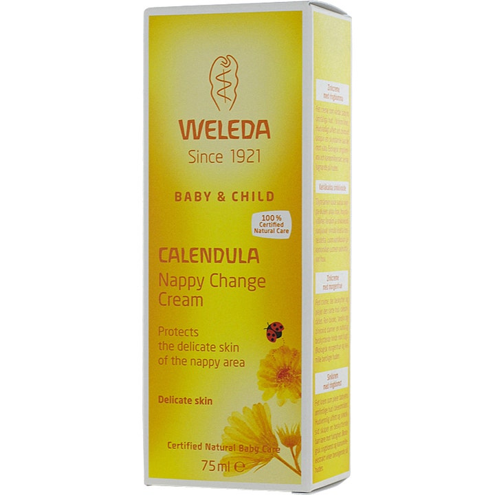 Weleda Calendula Nappy Change Cream 75 ml beskyttende sinkkrem i gul eske med ringblomst og marihøne