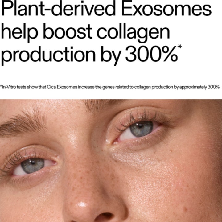 The INKEY List Exosome Hydro-Glow Complex 30 ml serum gir glød med tekst om 300 % økt kollagen og nærbilde av hud.