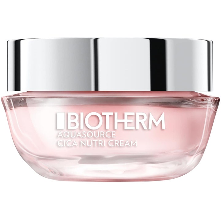 Biotherm Aquasource Cica Nutri Cream nærende ansiktskrem som gir fukt i rosa glasskrukke med blankt sølvlokk.