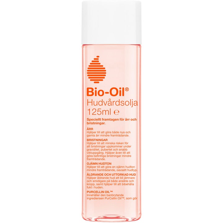 Bio-Oil Hudpleieolje 125 ml mot arr og strekkmerker i gjennomsiktig plastflaske med ferskenfarget olje og hvitt lokk