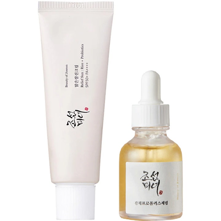 Beauty of Joseon Relief Sun 50ml og Glow Serum 30ml gir solbeskyttelse og glød i hvit tube og glassflaske med pipette