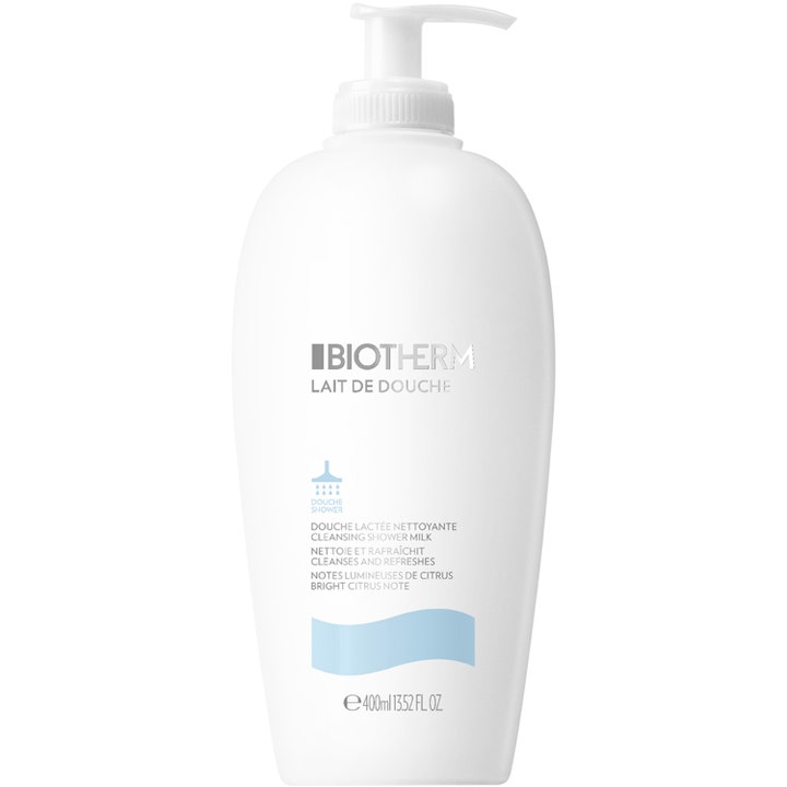 Biotherm Lait de Douche 400 ml rensende dusjsåpe i hvit pumpeflaske som gir fuktighet med sitrusduft