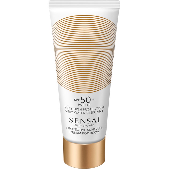 Sensai Silky Bronze Protective Suncare Cream for Body 150ml vannresistent solkrem i hvit tube med bronsefargede ringer.