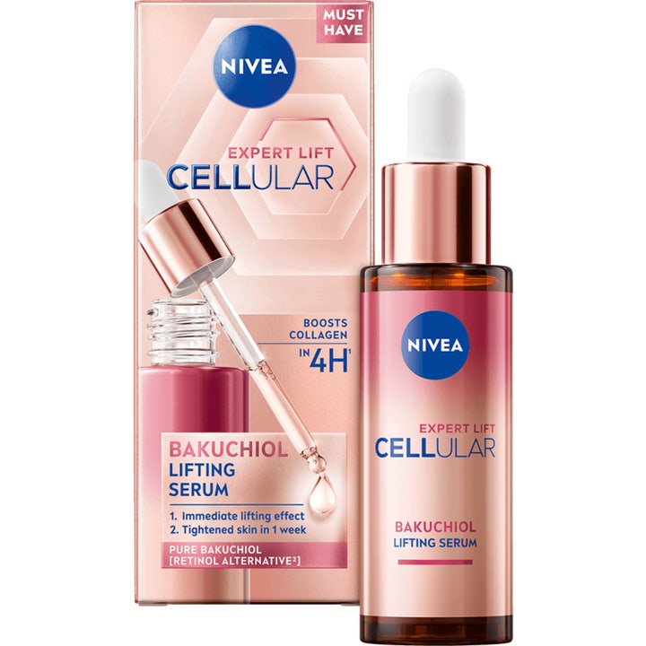 Nivea Expert Lift Cellular Bakuchiol Serum 30ml oppstrammende ansiktsserum i rosegull glassflaske med pipette og rosa eske