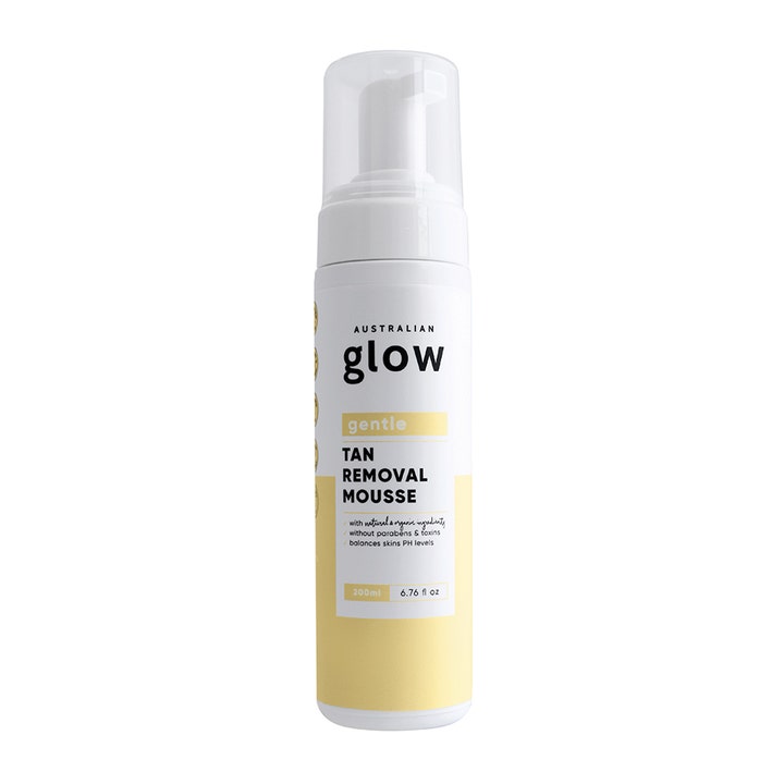 Australian Glow Tan Removal Mousse 200ml skånsom selvbruningsfjerner i hvit pumpeflaske med gul etikett og klart lokk