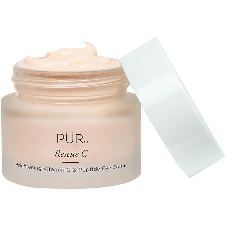 PÜR Rescue C Brightening Vitamin C & Peptide Eye Cream 15 ml lysnende øyekrem i frostet krukke med ferskenfarget krem