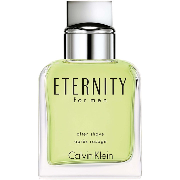 Calvin Klein Eternity for Men aftershave beroliger huden i en glassflaske med lysegrønn væske og sølvfarget kork.