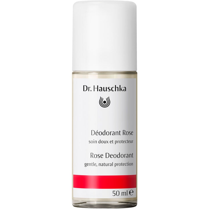 Dr. Hauschka Rose Deodorant 50 ml gir naturlig beskyttelse i en glassflaske med hvit etikett og rødt bånd