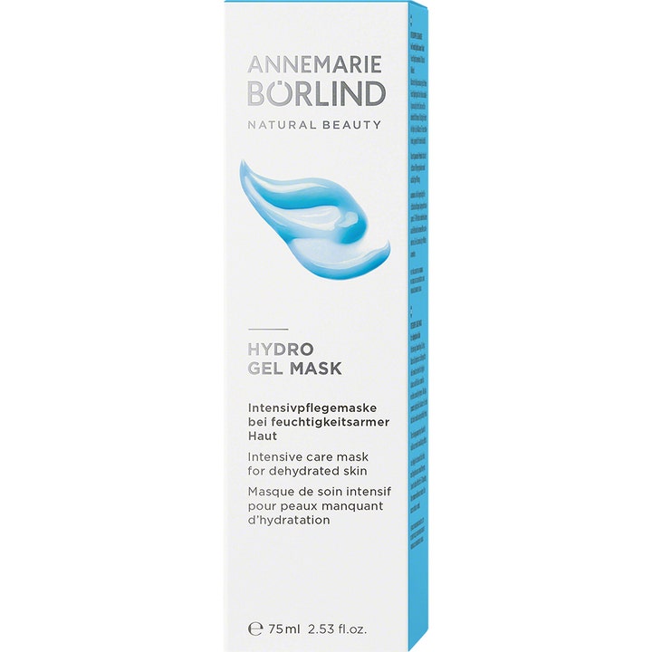 Annemarie Börlind Hydro Gel Mask 75 ml fuktighetsgivende ansiktsmaske i hvit eske med blått gel-design