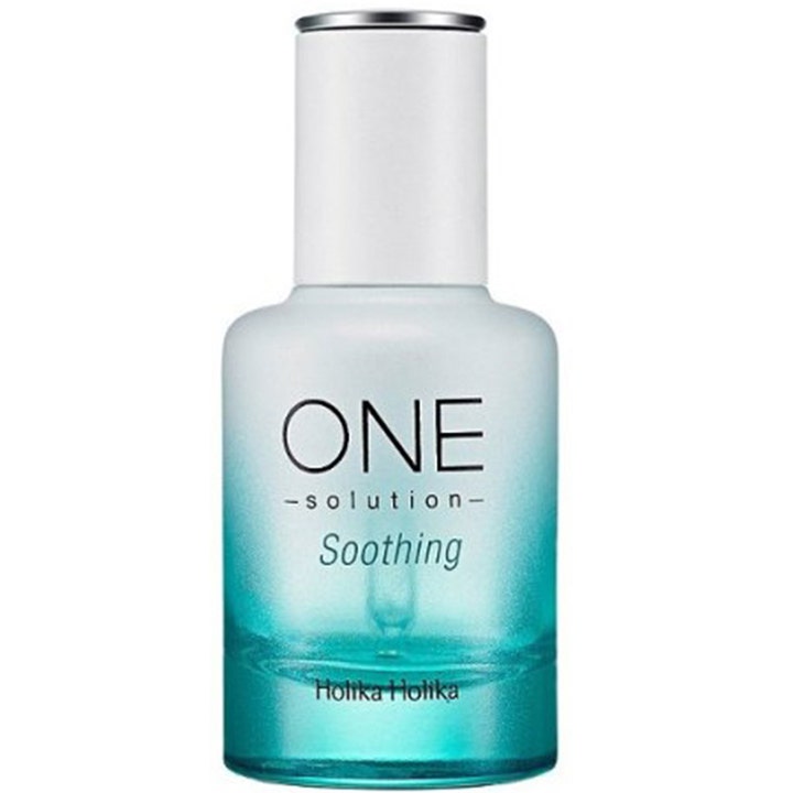 Holika Holika One Solution Soothing 30 ml beroligende serum i frostet glassflaske med turkis fargeovergang og hvit kork.
