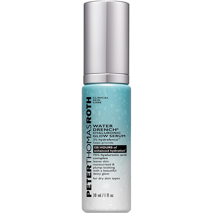 Peter Thomas Roth Water Drench Hyaluronic Glow Serum 30 ml fuktserum i lyseblå flaske med vanndråper og sølvkork