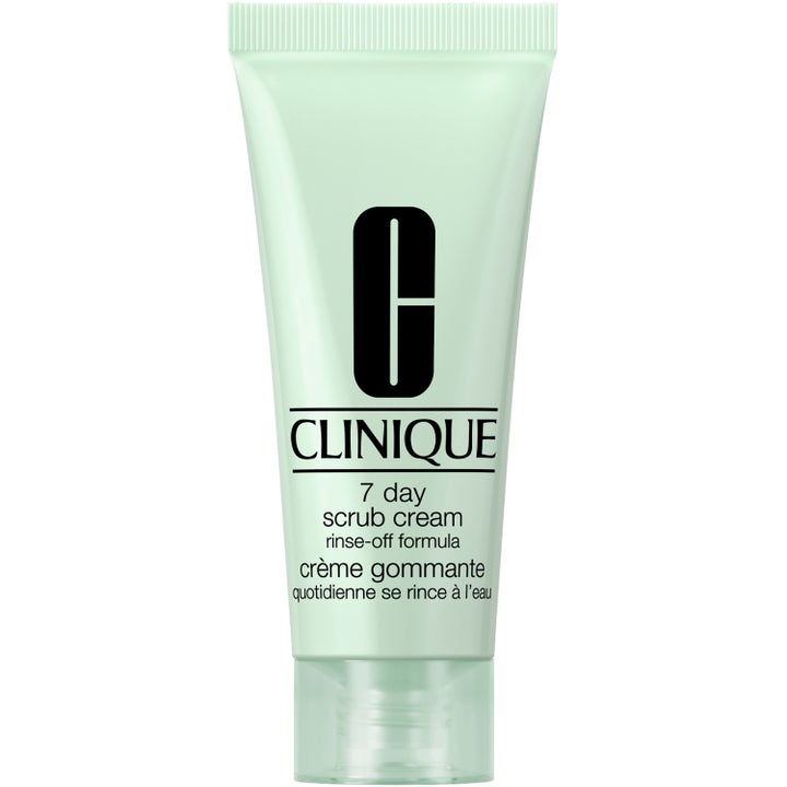 Clinique 7 Day Scrub Cream eksfolierende ansiktsskrubb for glød i en lysegrønn tube med klar kork
