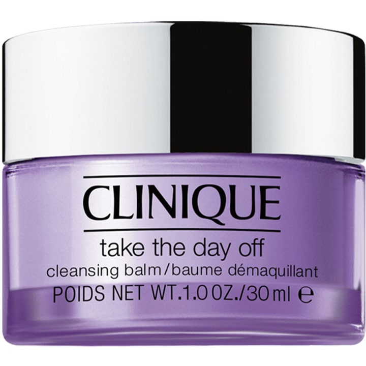 Clinique Take The Day Off Cleansing Balm 30 ml rengjøringsbalsam som fjerner sminke i lilla krukke med sølvlokk