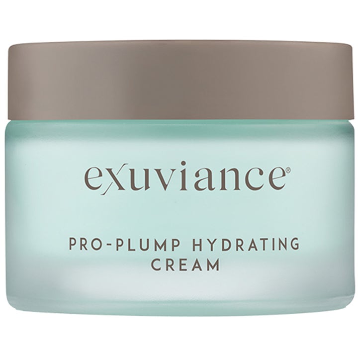 Exuviance Pro-Plump Hydrating Cream 50 g fuktighetskrem i frostet lysegrønn glasskrukke med beige lokk