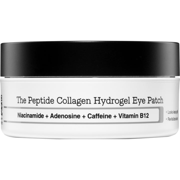 The Peptide Collagen Hydrogel Eye Patch revitaliserende øyemasker i hvit krukke med minimalistisk svart lokk.