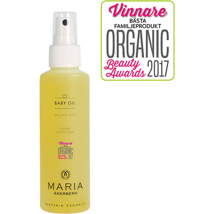 Maria Åkerberg Baby Oil 125 ml pleiende økologisk babyolje for ømfintlig hud i frostet sprayflaske med gul olje.