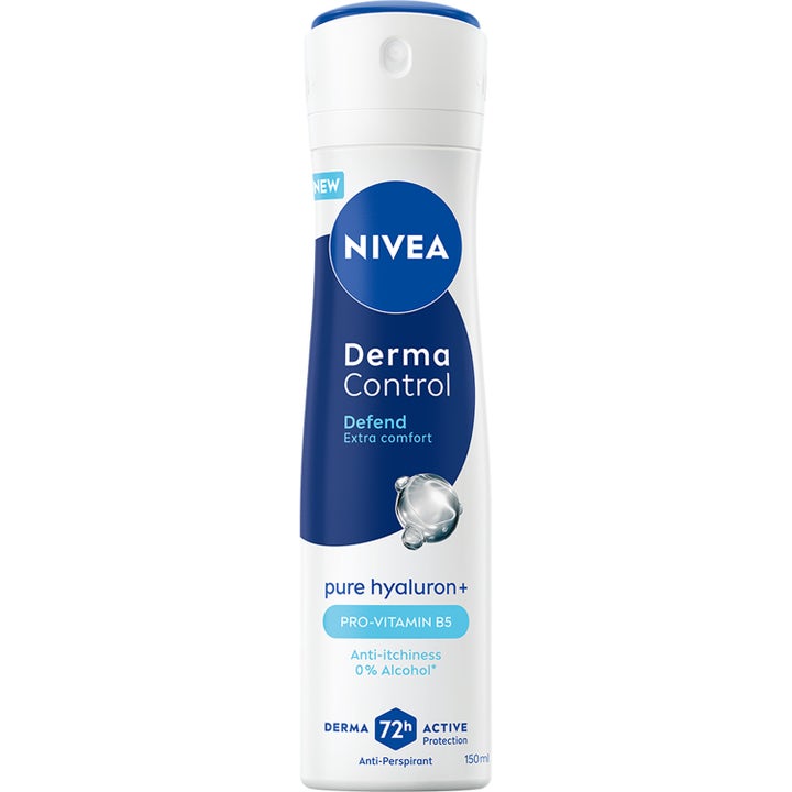Nivea Derma Control Defend 150 ml antiperspirant gir 72 timers beskyttelse i en hvit og blå sprayflaske med hyaluronsyre