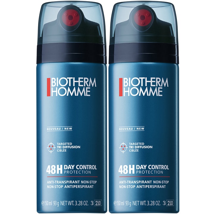 Biotherm Homme Day Control Protection 48H 2x150 ml spraydeodorant som motvirker svette i to blå metalliske flasker