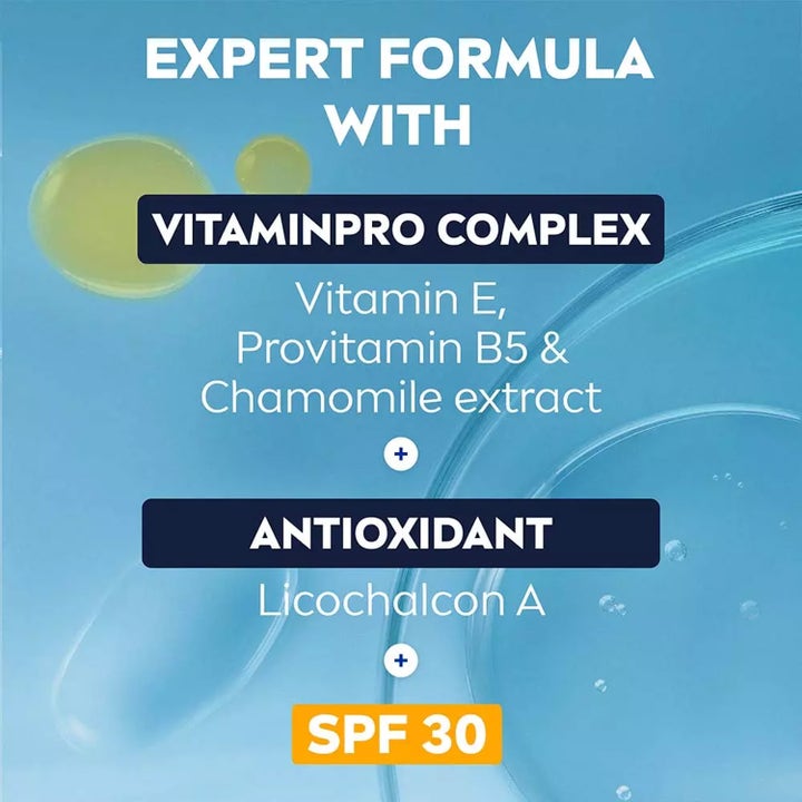 NIVEA Sensitive Daily Protect Moisturiser 50 ml beroligende dagkrem infografikk med SPF 30 og Vitaminpro Complex