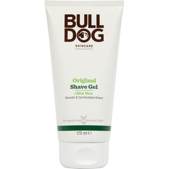 Bulldog Original Shave Gel 175 ml barbergel med aloe vera som gir en glatt barbering i hvit tube.
