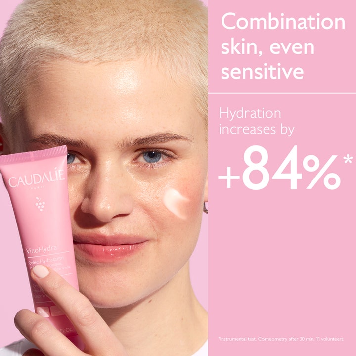 Caudalie Vinohydra Gel Moisturizer 60 ml fuktighetskrem på tube vist med modell og tekst +84% hydration