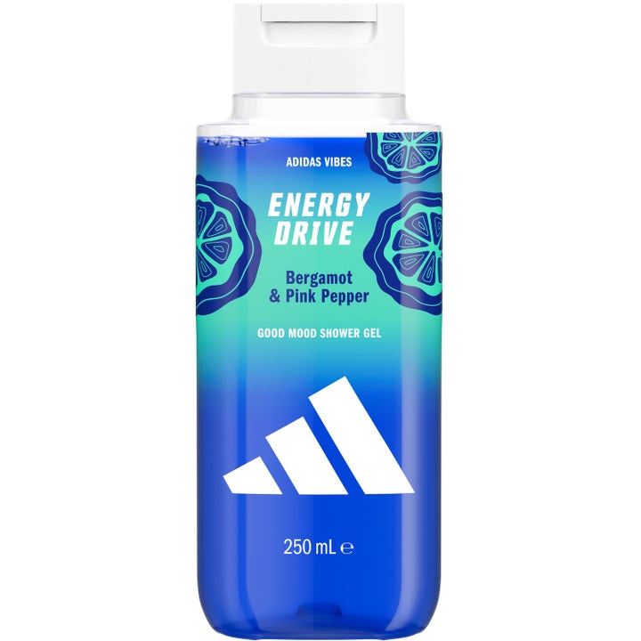 Adidas Vibes Energy Drive 250 ml oppfriskende dusjsåpe i blå gjennomsiktig flaske med hvit kork og logo