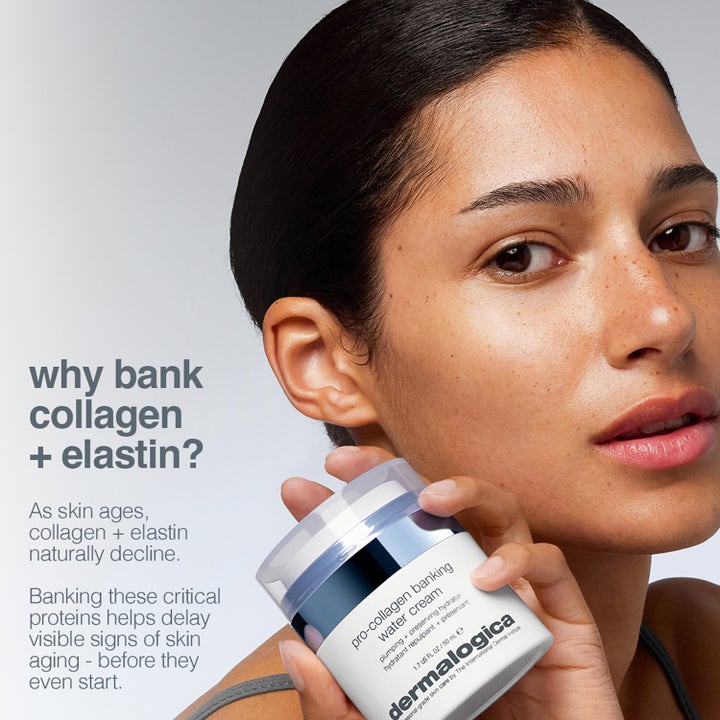 Dermalogica Pro-Collagen Banking Water Cream 50 ml plumping ansiktskrem i hvit krukke holdt av kvinne med sunn hud.