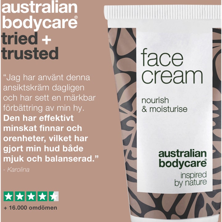 Australian Bodycare Face Cream 50 ml fuktighetsgivende ansiktskrem mot urenheter vist med en kundeanmeldelse.