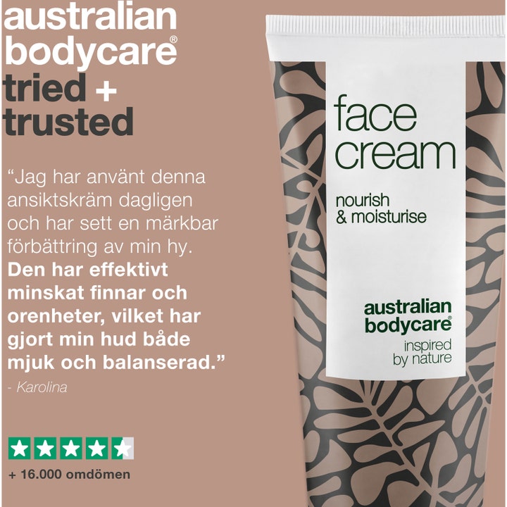 Australian Bodycare Face Cream 100 ml pleiende ansiktskrem i tube med sitat og vurdering fra kunde.
