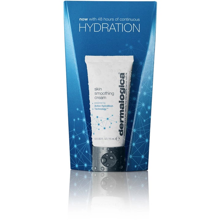 Dermalogica Skin Smoothing Cream 15 ml fuktighetskrem i hvit tube foran blå eske med tekst om 48 timers fukt.