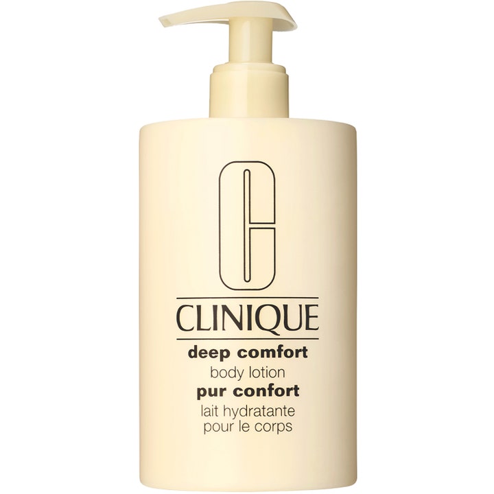 Clinique Deep Comfort Body Lotion beroligende fuktighetskrem i en kremfarget flaske med pumpe.