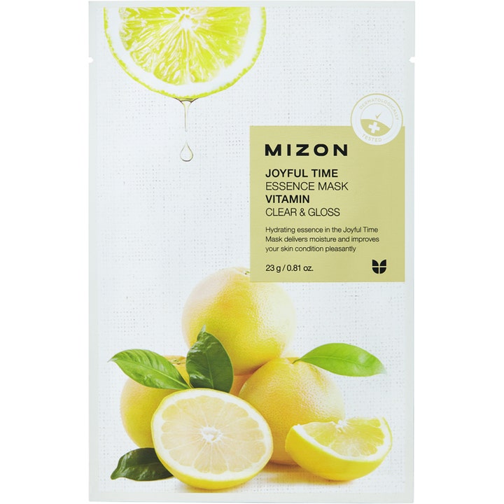 Mizon Joyful Time Essence Mask Vitamin 23 g fuktighetsgivende arkmaske i hvit sachet med illustrasjon av friske sitroner.