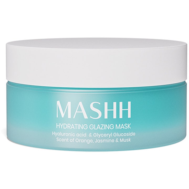 MASHH Hydrating Glazing Mask 100 ml fuktighetsgivende ansiktsmaske med hyaluronsyre i turkis frostet krukke med hvitt lokk