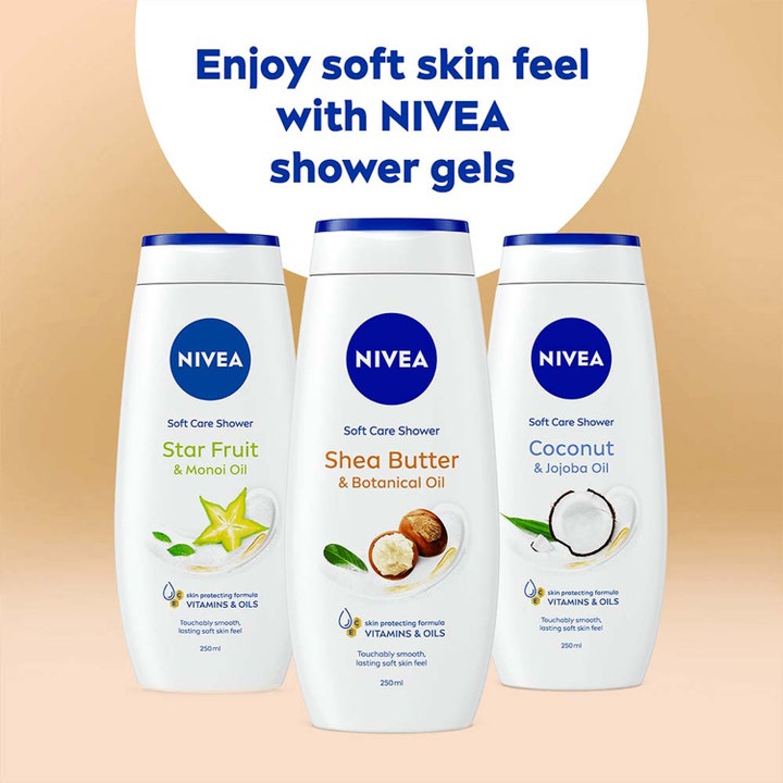 NIVEA Shea Butter & Botanical Oil Care Shower 250 ml dusjsåpe som gir myk hud vist med Coconut og Star Fruit