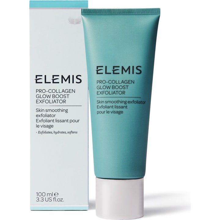 Elemis Pro-Collagen Glow Boost Exfoliator 100 ml ansiktsskrubb i turkis tube og eske som gir fuktighet og glød.