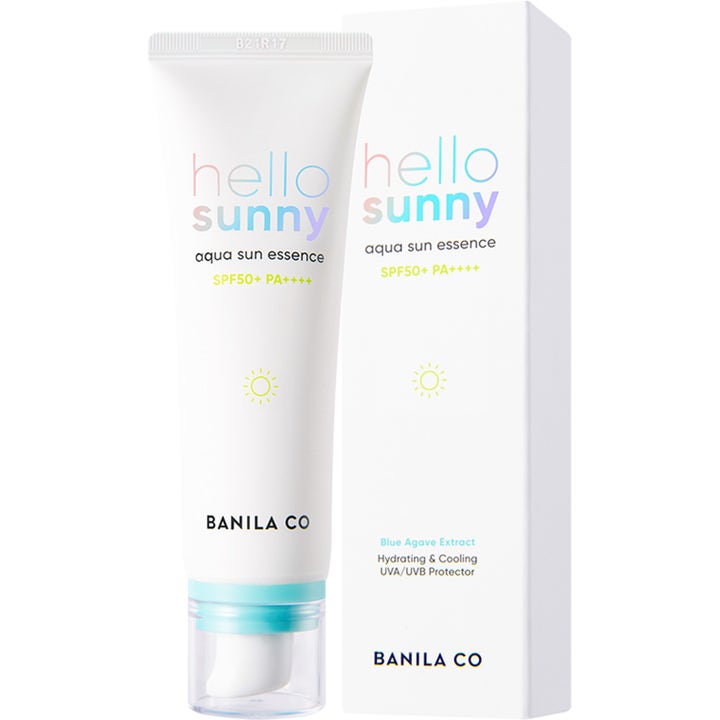 Banila Co Hello Sunny Aqua Sun Essence 50 ml fuktighetsgivende solkrem for ansiktet i hvit tube og eske.