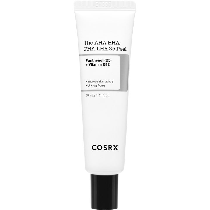 COSRX The AHA BHA PHA LHA 35 Peel 30 ml ansiktspeeling som forbedrer hudtekstur i en hvit tube med sort kork