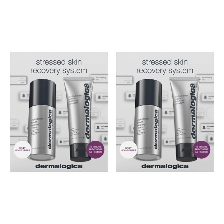 Dermalogica Stressed Skin Recovery System 50ml og 75ml hudpleie i sølvfarget pumpeflaske og tube som roer stresset hud.