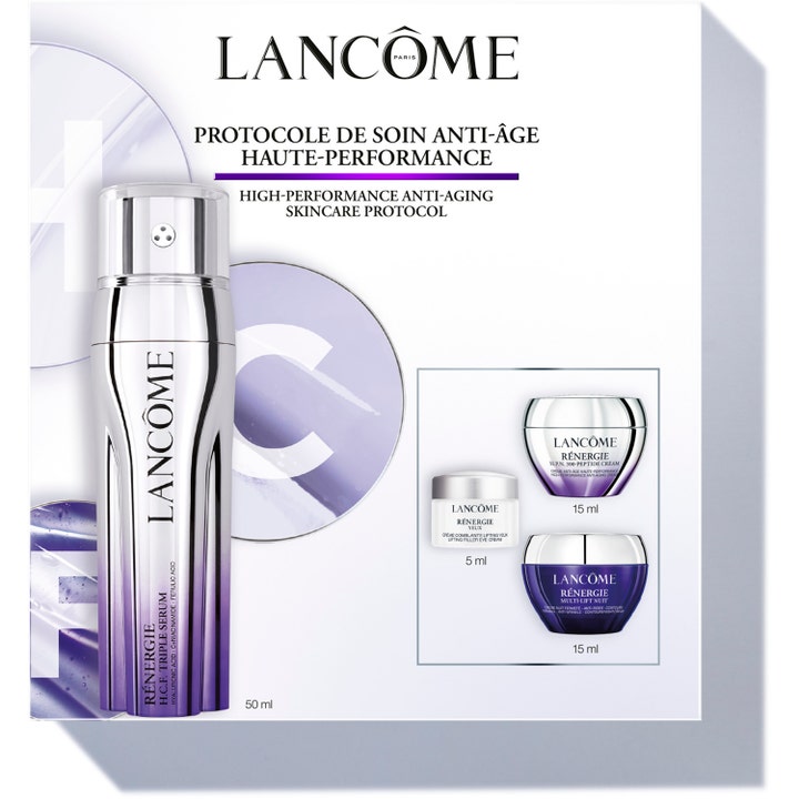 Lancôme Rénergie H.C.F. Triple Serum 50 ml oppstrammende anti-age sett med sølvfarget serumflaske og krukker i hvit eske