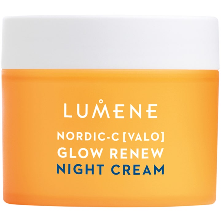 Lumene Nordic-C Glow Renew Night Cream nattkrem med vitamin C som gir glød i en oransje frostet krukke med hvitt lokk.