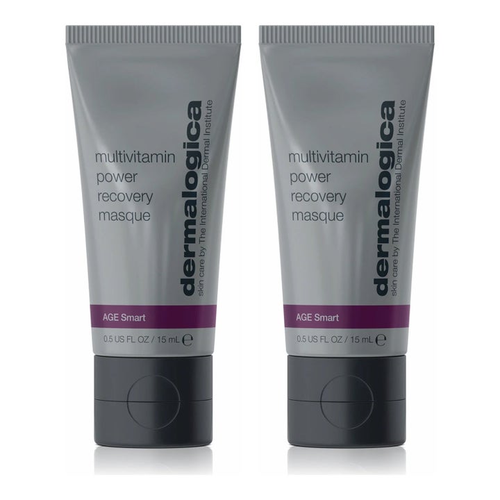 Dermalogica Multivitamin Power Recovery Masque 15 ml pleiende ansiktsmaske i to grå tuber med lilla bånd og svart kork