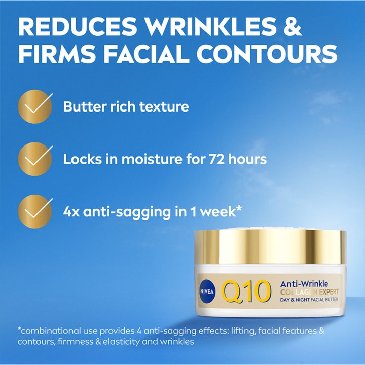 NIVEA Q10 Collagen Expert 50 ml oppstrammende ansiktskrem reduserer rynker hvit krukke med gulllokk på blå bakgrunn