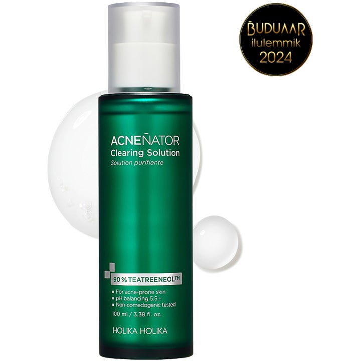 Holika Holika ACNEÑATOR Clearing Solution 100 ml beroligende ansiktsvann i grønn metallisk flaske med hvit pumpe