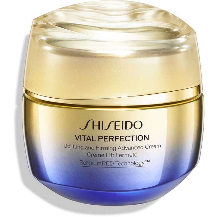 Shiseido Vital Perfection Uplifting and Firming Cream 50ml oppstrammende ansiktskrem i en gull- og blåfarget glasskrukke