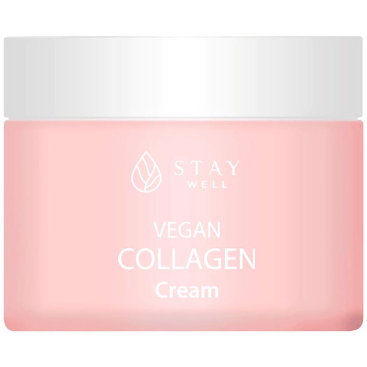 Stay Well Vegan Collagen Cream ansiktskrem som gir elastisitet i en lys rosa krukke med hvitt lokk